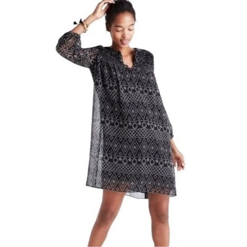 Madewell Black Cream Geometric Smocked Shift Tunic Dress Long Sleeve Boho M